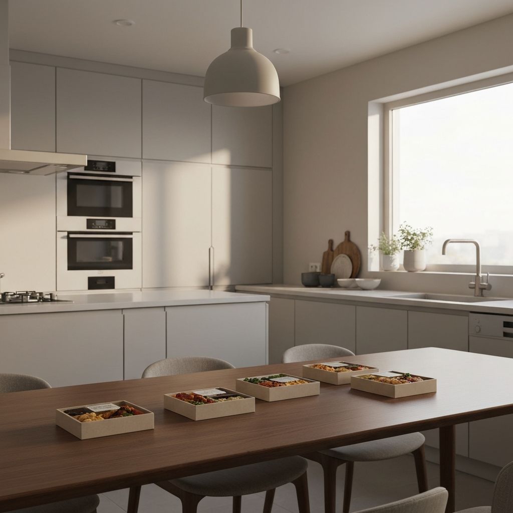 Ausgewogene Mahlzeiten in Boxen auf dem Familientisch